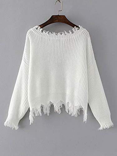 ZAFUL Women's Solid V Neck Loose Sweater Long Sleeve Ripped Jumper Pullover Knitted Crop Top White