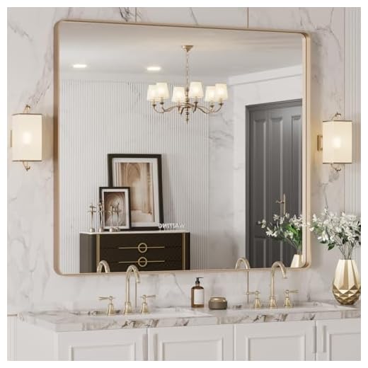 LOAAO 40”X36” Gold Bathroom Mirror, Rounded Rectangle Gold Frame Mirror, Brushed Gold Bathroom Vanity Mirror Wall-Mounted, Anti-Rust, Tempered Glass, Hangs Horizontally or Vertically
