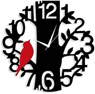 Peacock ArtWooden Red Bird Wall Clock for Bedroom Living Room | Designer Wooden Treebird Clocks for Home/Wall Decor
