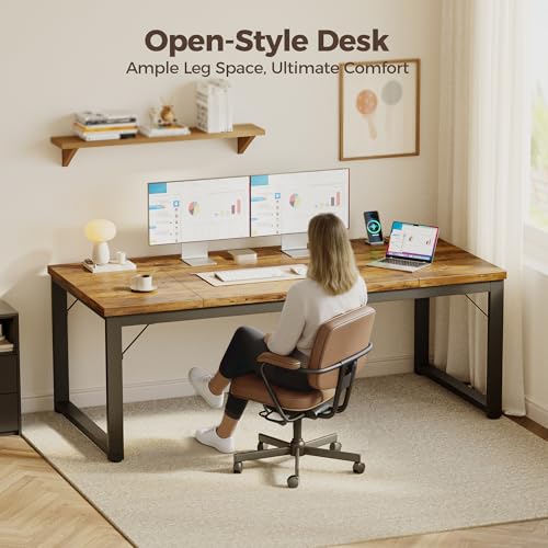 Image of Mericonia 63x28 Inch Computer Desk w /Power Outlets, 1.2 inch Thick Office Table | Modern Simple Style, Heavy Duty Industrial Frame, Large Study & Writing Table for Home Bedroom Work, Brown