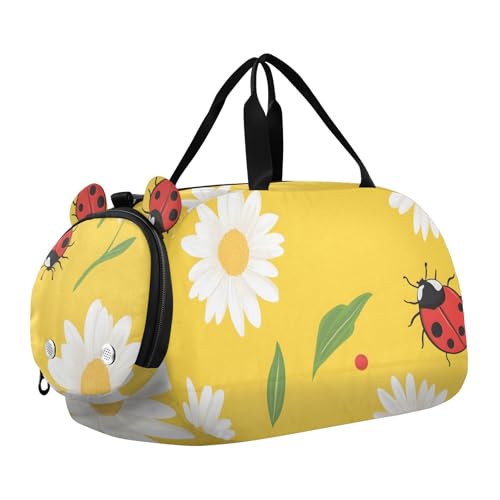 Ladybugs Daisies and Leaves Pattern Gym Travel Duffel Bag with Shoe Compartment for Boys Girls - Gymnastics Sports Dance Football Travel Bag Teens Weekender Sleepover