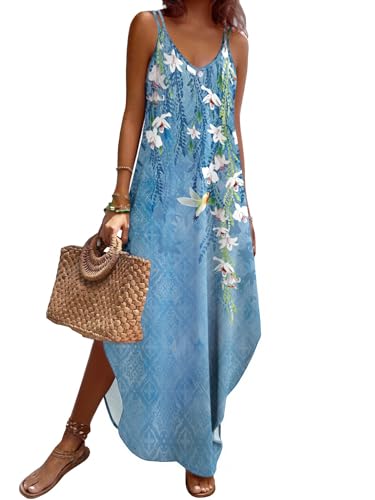 Image of Zeagoo Women's Casual Sundress Summer Maxi Sleeveless V Neck Split Boho Beach Dress Travel Vacation Dress with Pockets