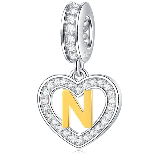 Image of GLOWDAS 18K Gold Plated Letter Charms Initial A to Z Necklace Pendant, 925 Sterling Silver CZ Heart Dangle Alphabet Beads fit European DIY Bracelet, Gifts for Valentiens /Christmas /Family