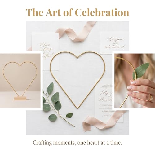 Image of jojofuny 10 Sets Heart Shaped Floral Hoop Centerpiece with Wooden Stand, 9.8 inch x 10.6 inch Metal Wreath Rings, Gold Heart Wire Hoops for Wedding Table Decorations, DIY Dream Catcher Craft Kit