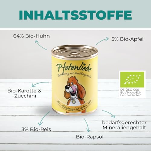 Pfotenliebe® Bio-Nassfutter für Hunde, Bio-Hähnchentopf mit Apfel und Naturrreis, natürlich ohne Chemie und mit Qualitätsgarantie, 200g (Dose)