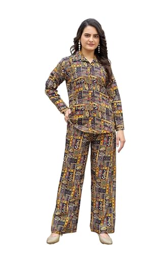 Image of KESUDI Women's Printed Co-ord Set | Multicolour Ethnic Pattern Co-ord Set | Long Sleeve Shirt with Wide-Leg Trousers Co-ord Set