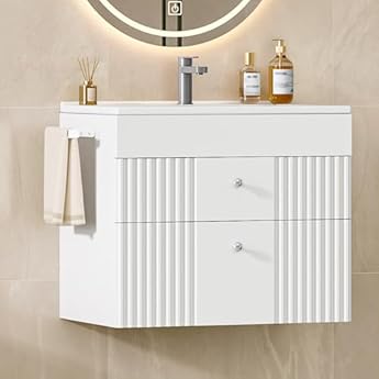 Foto di Hzuaneri Mobiletto da Bagno Sospeso a Parete, con Lavabo Integrato in Ceramica, 2 Cassetti, Portasciugamani, Mobile Bagno, Archiviazione ad Alta Capacità, 40 x 60 x 50 cm, Moderno, Bianco BC64103X