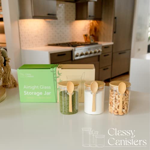 Set Of 3 Airtight Glass Jars With Bamboo Lids & Bamboo Spoons - Decorative & Durable 17-Oz Borosilicate Glass Canisters Hold Coffee Beans, Tea, Flour, Sugar, Nuts, Candy, Bath Salts & More #TOP1