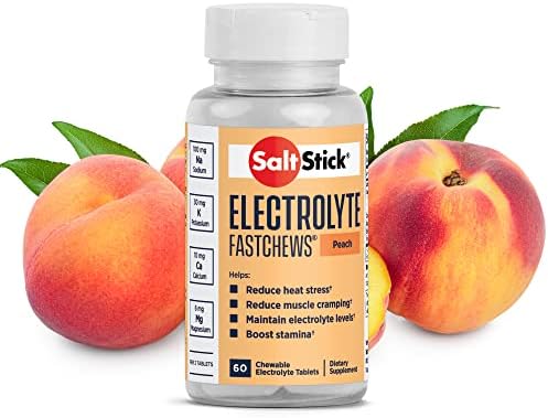 SaltStick FastChews Electrolytes - 60 Chewable Electrolyte Tablets - Peach Flavor - Salt Tablets for Running, Fast Hydration, Leg Cramps Relief, Sports Recovery - Non-GMO, Vegan, Gluten Free