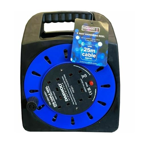 Daewoo Extension Reel 4 Way Socket with 25 Metre Cable Heavy Duty with Resettable Safety Cut Out Handbag Reel Black and Green