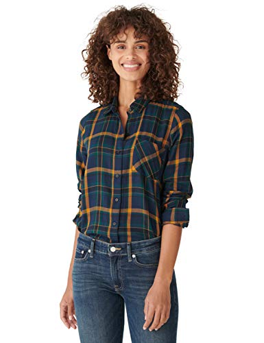 Lucky Brand Women's Long Sleeve Button Up One Pocket Classic Flannel Shirt, Navy Multi, XL