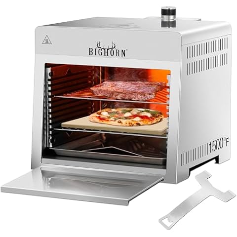 BIG HORN OUTDOORS 1500°F Infrared Grill Tabletop Broiler, Portable Propane Steak Cooker, Stainless Steel Outdoor BBQ Machine with Pizza Stone for Steak, Burgers, and Pizza Cover