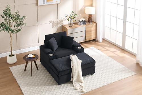 Image of 50 inch Corduroy Upholstered Chaise Lounge Chair Indoor, Modern Lazy Sofa with Storage Armrest, Sleeper Couch with Cup Holders for Living Room, Black