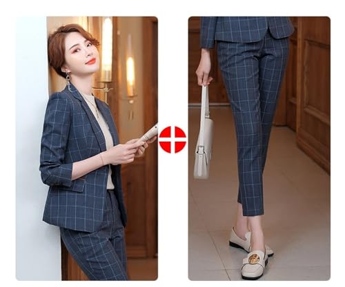 Women Elegant Office Pant Suits Set 2 Pcs Plaid Professional Interview Work Business Blazer Jacket Pant Set4