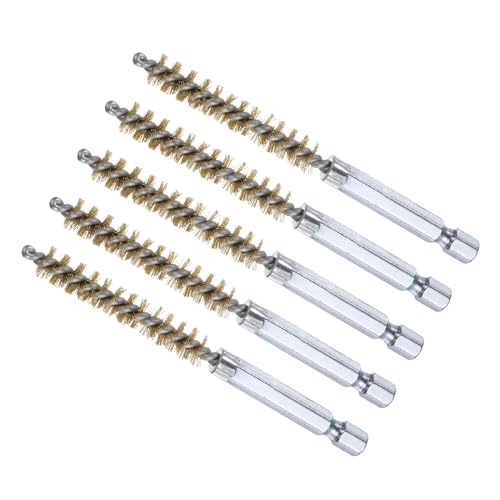Image of Bore Brush, 8mm Dia 4 Inch Length, Brass Cleaning Wire Brushes with 1 /4 Inch Hex Shank - (Applications: for Power Drill, Die Grinder), 5-Pieces