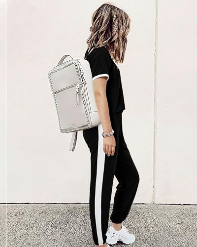 Amkoyam Women's Two Piece Outfits 2025 Summer Short Sleeve Tops With Drawstring Long Pants Tracksuit Jogger Lounge Set4