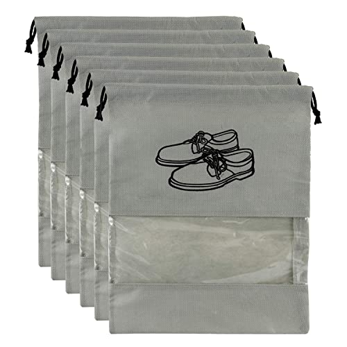 Kuber Industries Shoe Cover For Traveling|Non Woven Drawstring Bag|Shoe Bags For Shoes, Slipper, Heels|Transparent Window|Pack of 6 (Grey)