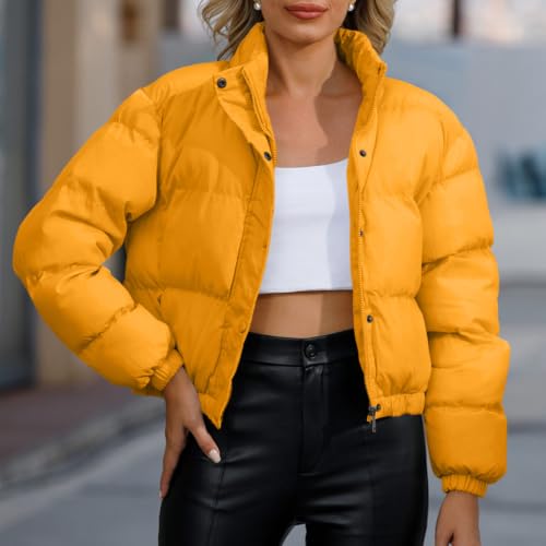 fartey Short Puffer Jacket Women Zip Snap High Neck Jacket Warm Winter Coat - image 2