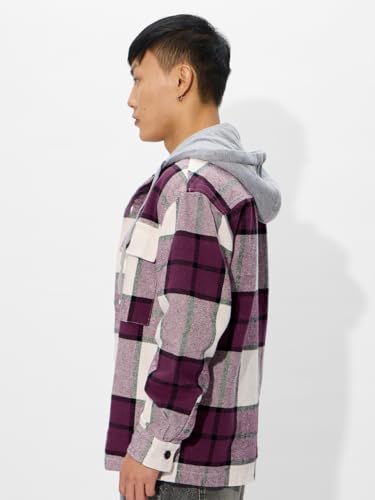 Image of The Souled Store Plaid Hooded Shacket: Mauve Mist Men and Boys Long Sleeves Hooded Neck Button Front Cotton Oversized Shackets