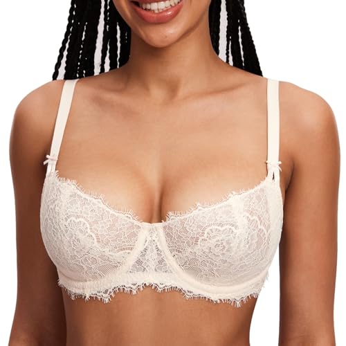 Image of DOBREVA Women's Balconette Sexy Unlined Bra Lace Push Up Plus Size Bras See Through Underwire