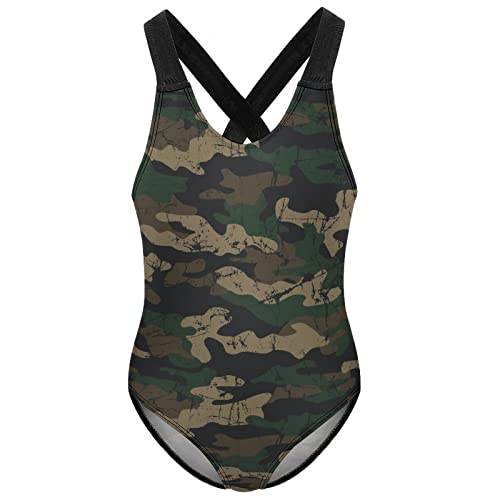 Retro Camouflage Girl's One Piece Swimsuit Quick Dry Bathing Suit Cross Back Straps Swimwear 6-7Y(110cm)