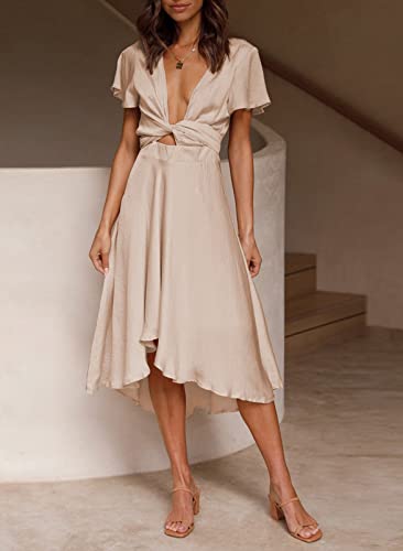 Image of miduo Womens Satin V Neck Ruffle Short Sleeve Tie Front High Waist Midi A-Line Maxi Dresses