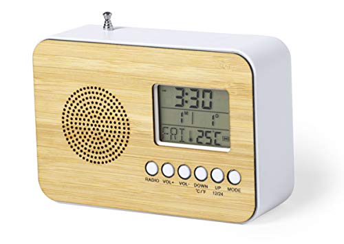 MKTOSASA - Radio Reloj Despertador con Frontal en Bambú. Alarma, Calendario, Termómetro, Radio FM y Antena Retráctil. Alimentación a Pilas 2xAAA y Presentada en Caja Eco - 12.5x8.5x4.7