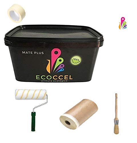 ECOCCEL, Pack pintor, pintura pared interior y exterior ECOLOGICA (4 lt), más rodillo, brocha, papel cinta y cinta carrocero. (Verde menta (S 0520-G30Y))