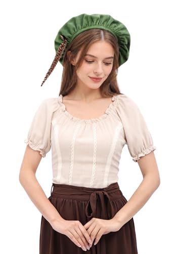Medieval Beret Hat with Feather for Women Renaissance Muffin Top Hat Tudor Flat Cap (Green)