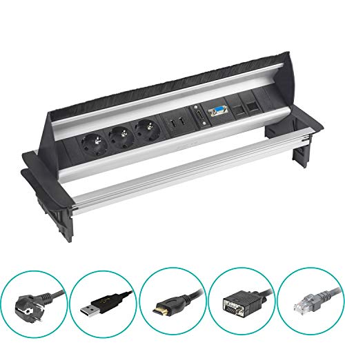 Elbe Regleta de Mesa, Regleta de 3 Tomas con 2 Puertos de USB Regleta de Mesa con 1 de HDMI, 1 Puertos de VGA, 2 Puertos de LAN RJ45, Regleta retráctil, Apto para oficina y cocina EL4403A