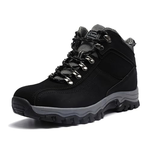 Men's Leather Lace Up Casual Hiking Boots Handmade Stitching Round Toe Outdoor Fashion High-top Sneakers Comfortable Lightweight Waterproof And Non-slip Backpack Boots Trekking Ankle Boots For Men(Bla