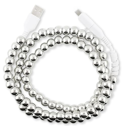 Image of Stylish [Apple MFi Certified] Beaded Phone Charger Cable Metallic Colors USB Cable 2 in1 USB-C Charging Cord for Smartphones 3.3ft (Silver)