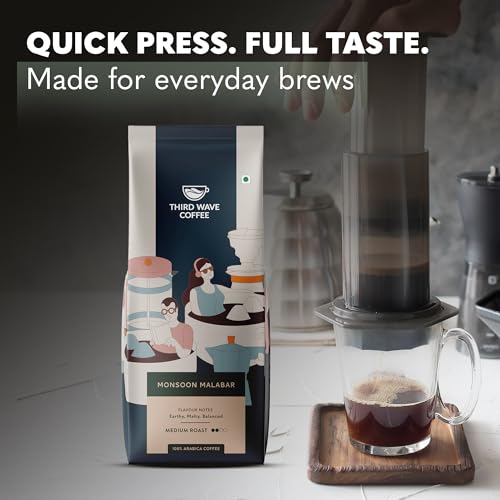 Image of THIRD WAVE COFFEE Monsoon Malabar Coffee, Arabica, Medium Roast, Medium Grind for Aeropress Brewing, 250g