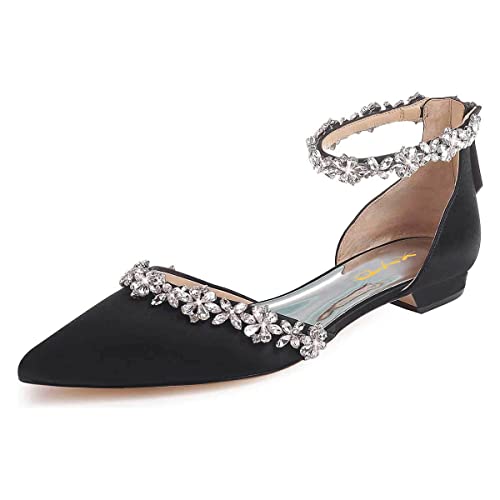 Image of XYD Women Classic Pointed Toe D'Orsay Wedding Flat Sandals Sparkly Rhinestones Ankle Strap Low Heel Dress Shoes with Zipper
