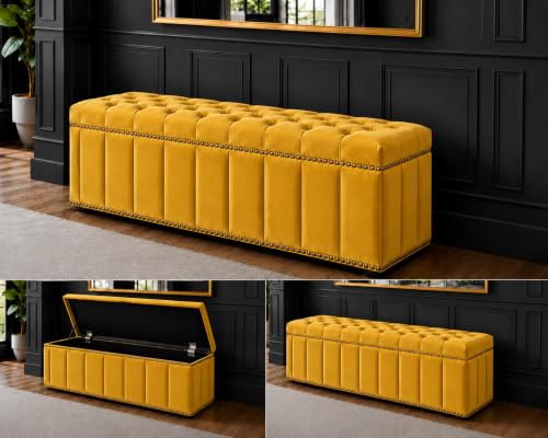 Image of Tufted Velvet Storage Ottoman Bench with Nailhead Trim (Yellow) | Storage Ottoman bench