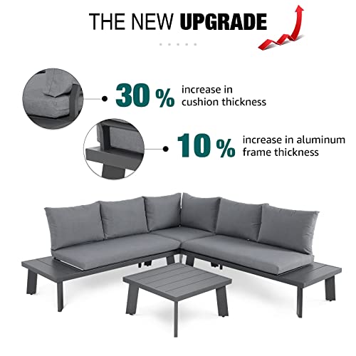 Soleil Jardin 4-Piece Outdoor Patio Furniture Set L-Shaped Aluminum Sectional Sofa With Coffee Table All-Weather Patio Conversation Set With Cushions, Dark-Grey #TOP1