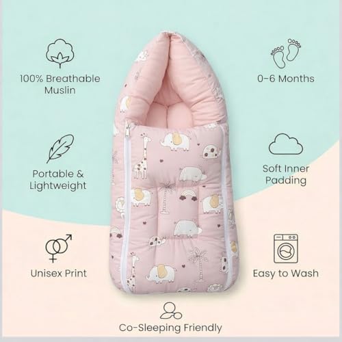 Image of VoiDrop 3 in 1 Baby Sleeping Bag /Baby Bedding Set for New Born, Baby Bed for New Born /Very Soft & Comfortable 0-12 Months /Foldable & Washable Cotton-Pink Desgin