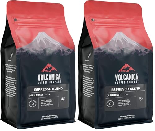 Image of Volcanica Espresso Whole Beans Coffee, Dark Roast 100% Arabica, Espresso Roast, Bold Sweet Flavor, Fresh Roasted, Kosher, Vegan, Gluten-Free, 16 oz (Pack of 2)