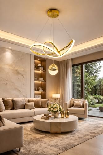 Image of Premium Infinity Loop LED Stylish Gold Finish with 3 Different Color Mode (Warm White, Cool White, Neutral White) Chandelier with Height Adjustable Hanging