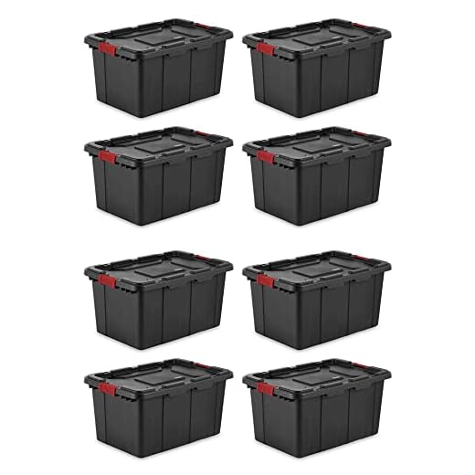 Sterilite 27 Gallon Large Stackable Rugged Industrial Storage Tote Container w/Red Latching Clip Lid for Garage, Attic, or Worksite, Black (8 Pack)