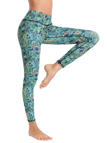 FLYILY Women's Long Sports Leggings Running Tights High Waist Stretch Fitness Yoga Pants(9-GreenFlower,M)