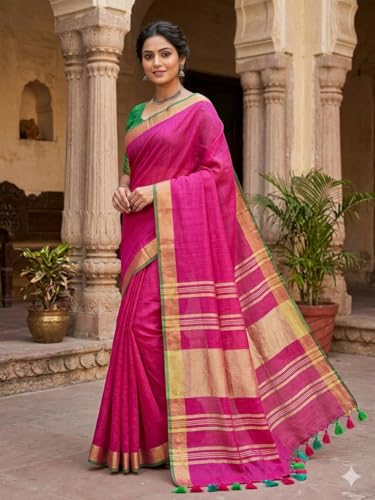 Image of STB-SILK TEXTILES BHAGALPUR Women's Linen Slub Saree With Contrast Blouse Piece
