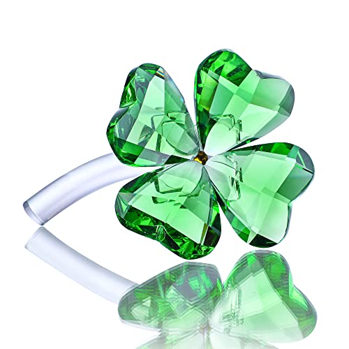 HDCRYSTALGIFTS Green Crystal Flower Dreams Four-Leaf Clover Figurine Collectibles Green Crystal Glass Statue Ornament Lucky Gift for Car Table Shelf Decorations