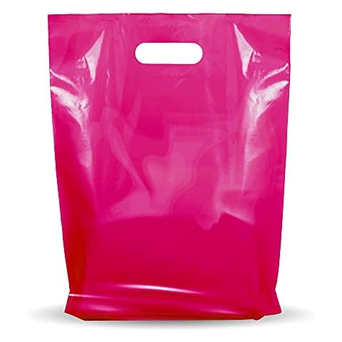 100 Pack 9" x 12" with 1.25 mil Thickness Pink Merchandise Plastic Glossy Retail Bags - Die Cut Handles - Perfect for Shopping, Party Favors, Birthdays - Color Pink - 100% Recyclable Cover