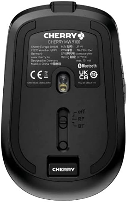 Cherry MW 9100 mouse bottom view showing USB receiver slot and connection switch