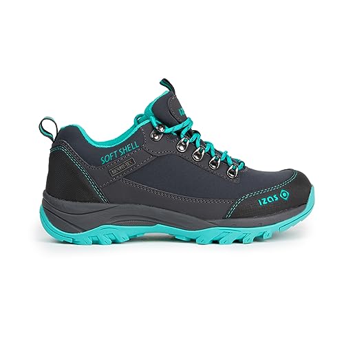 Izas - Zapatos de Senderismo para Mujer - Zapatillas de Montaña Impermeables con Puntera y Talonera Reforzada - Elasticidad, Ligereza y Resistentes - Lezat Low Carbón y Verde Agua