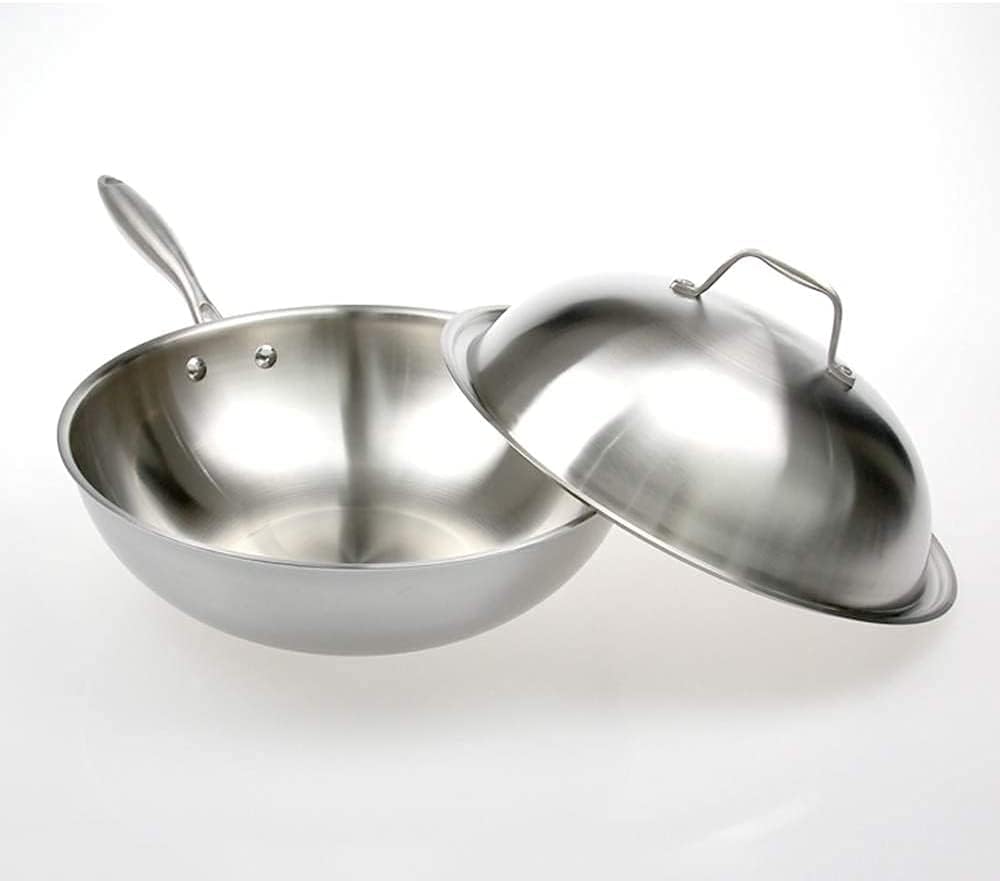 304 Stainless Steel Wok - Non-stick Uncoated Frying Pan with Steel Lid & Wok Handle, Gas/Induction General Professional Chef Cookware