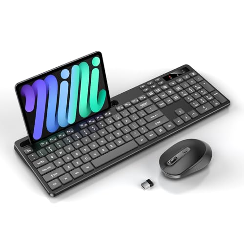 Wireless Keyboard and Mouse Combo, Soueto 2.4G Full-Sized Computer Keyboard with Phone Tablet Holder, 22 Multimedia Shortcuts, Numeric Keypad, 6 Button Silent Mouse for Windows, Mac (Space Black)