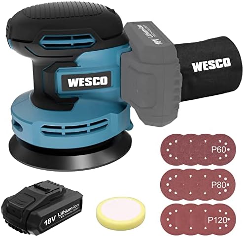 Orbital Sander, WESCO 18V Cordless Random Orbital Sander Electric Sander with 125mm, 2.0Ah Battery & Charger, 12Pcs Sandpaper, Polishing Pad, Efficient Dust Extractor for DIY, Sanding, Polishing