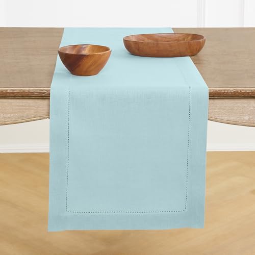 Solino Home Linen Aqua Blue Table Runner 120 Inches Long - 100% Pure Linen Hemstitch 14 x 120 Inch Table Runner for Dining, Spring, Summer - Classic Hemstitch by Solino Home - Used condition - US$16.33